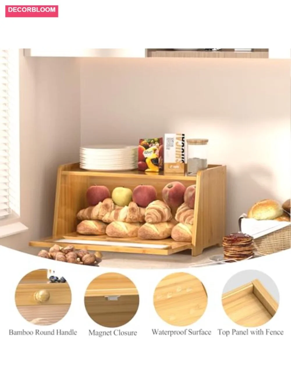 Bamboo Bread Box with Acrylic Window, Vintage Kitchen Countertop Storage,